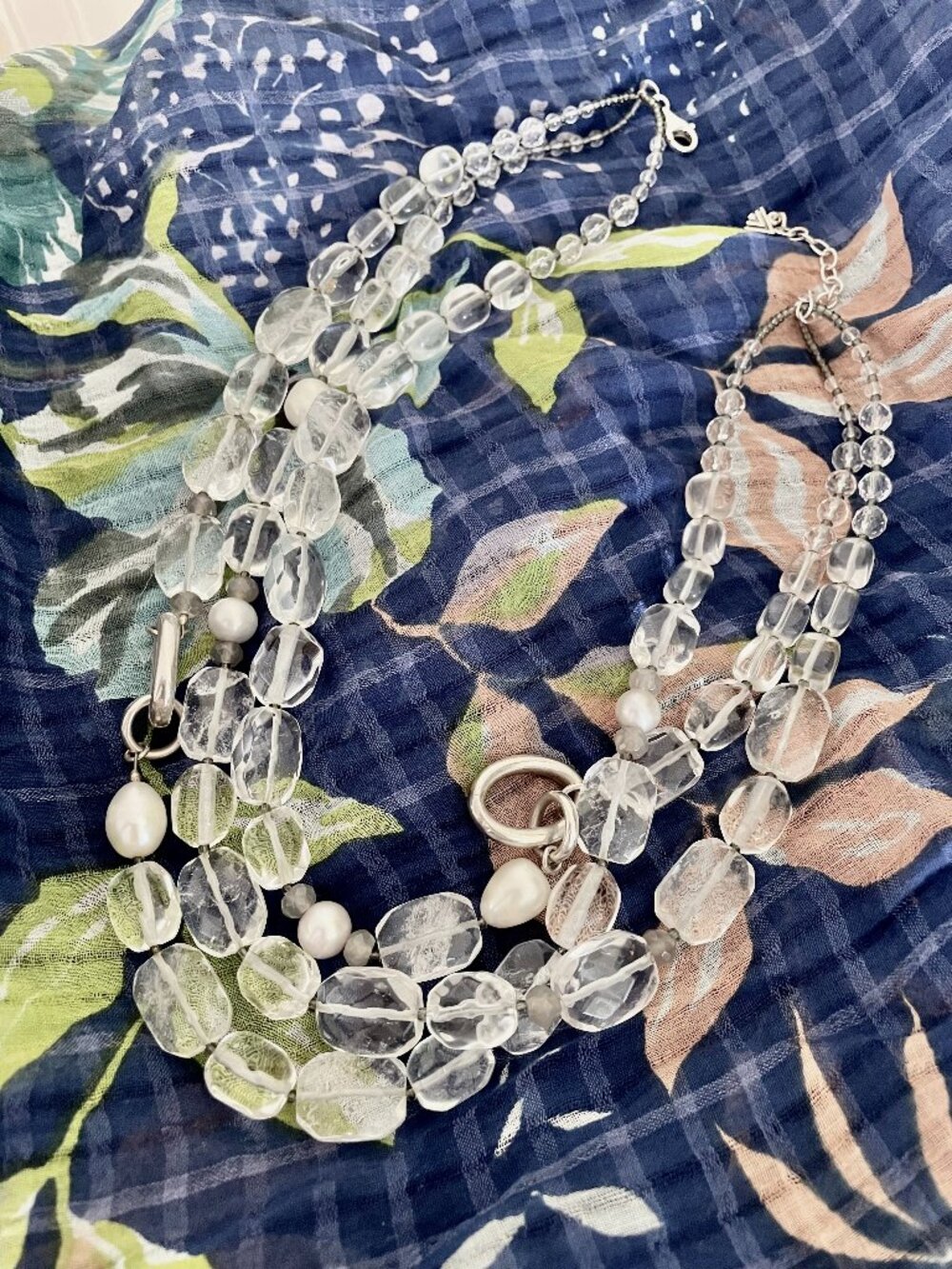 SILPADA 3-strand WHITE HEAT necklace, crystal, pearl .925 silver rings